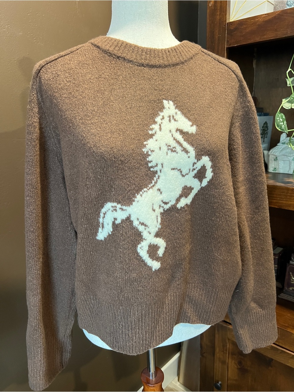 Abercrombie & Fitch Brown Crewneck Sweater with Cream Horse